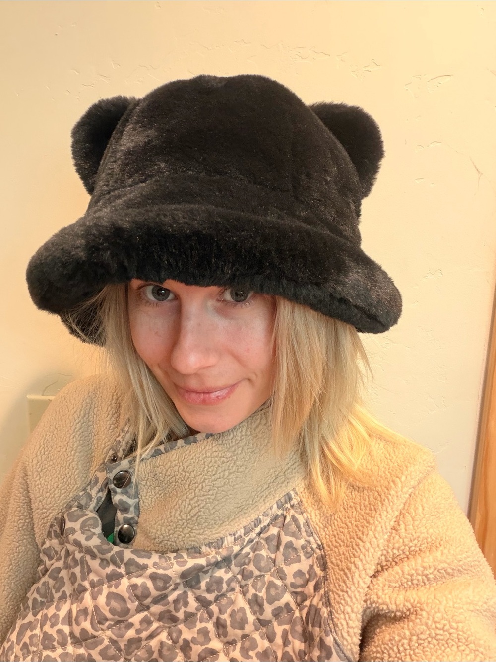 Black Faux Fur Bear Ear Bucket Hat